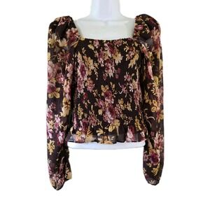 Express Shirt Womens Med Floral Smocked Square Neck Puff Sleeve Peplum Sheer